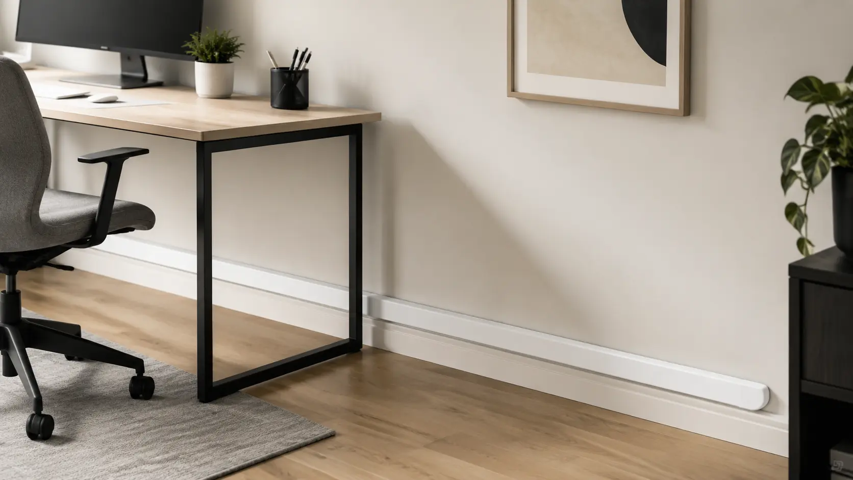 Office corner with cords neatly hidden inside wall-mounted cable strip along baseboard, creating a clean, organized workspace without visible wire clutter.