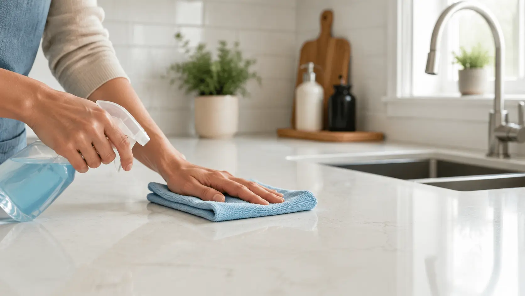 Hands cleaning kitchen countertop with spray bottle and cloth in bright modern kitchen setting.