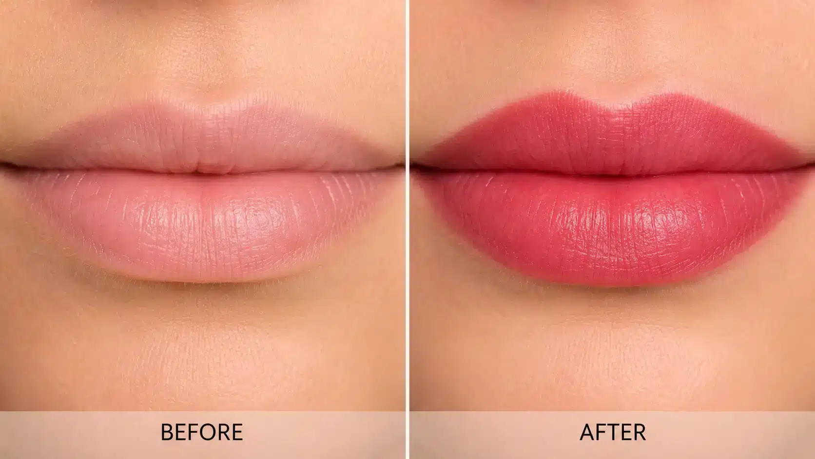 Lip blush tattoo before and after comparison showing natural pale lips transformed with soft pink pigment, improved color, and enhanced definition.