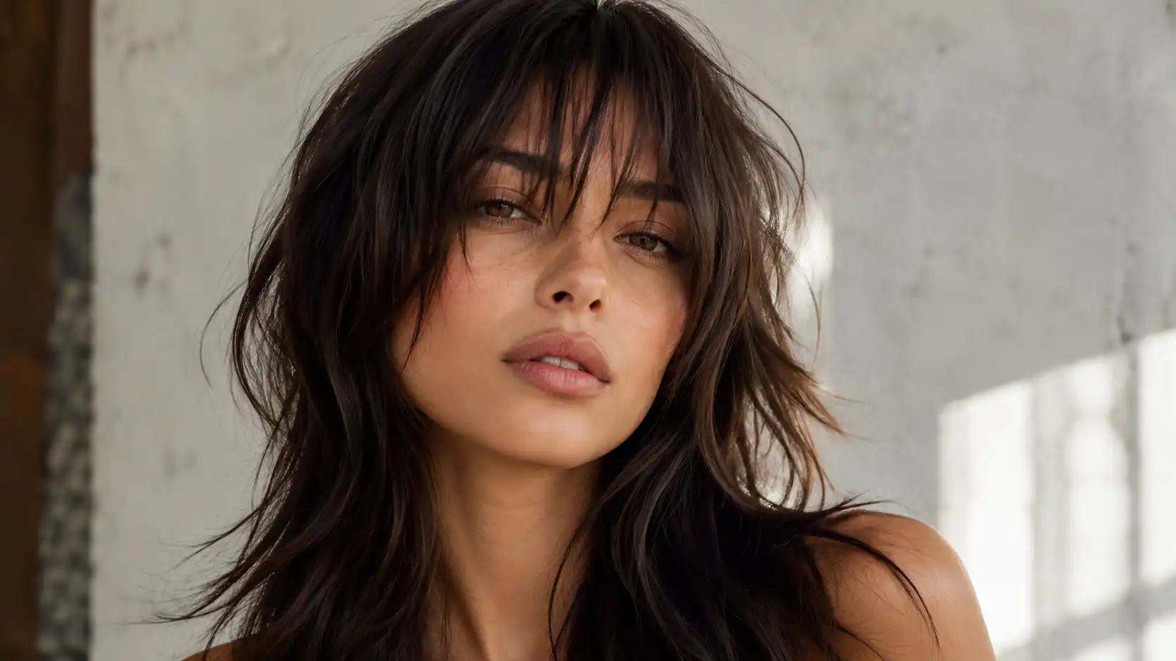Shaggy fringe haircut with textured layers and soft face framing movement for an effortless lived in look