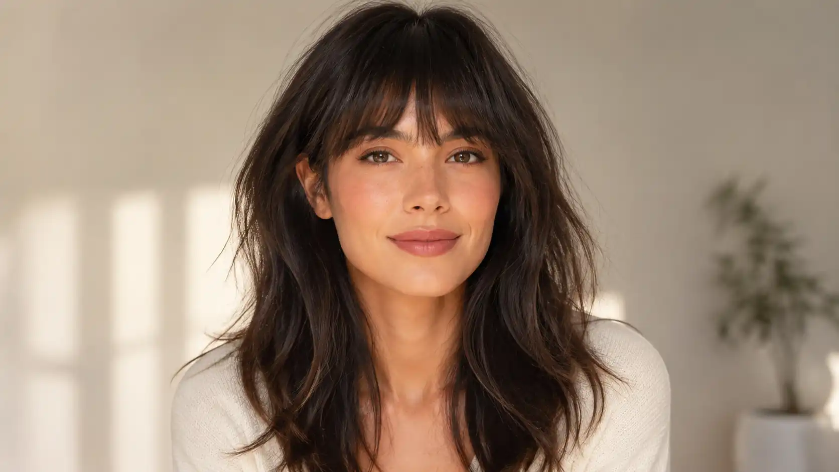 Arched fringe haircut following a rounded curve lower at the center and higher at the sides with layered hair