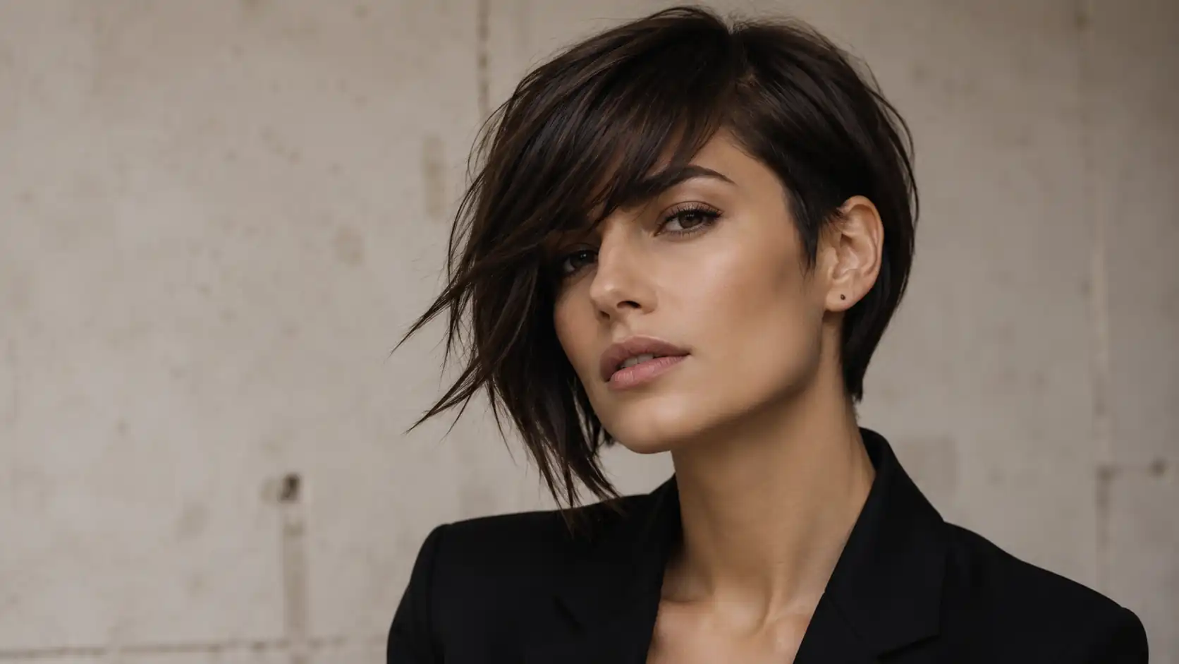 Side part fringe sweeping diagonally across the forehead blending into a sleek asymmetrical angled bob