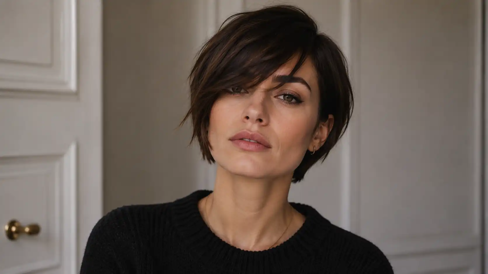Asymmetrical fringe cut at a diagonal with one side longer than the other paired with a short layered bob.
