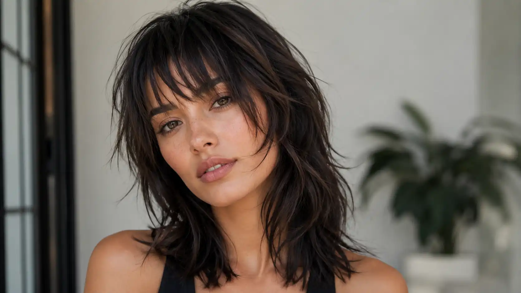 Razor cut fringe with feathered piecey bangs textured layered brunette hair and soft natural movement