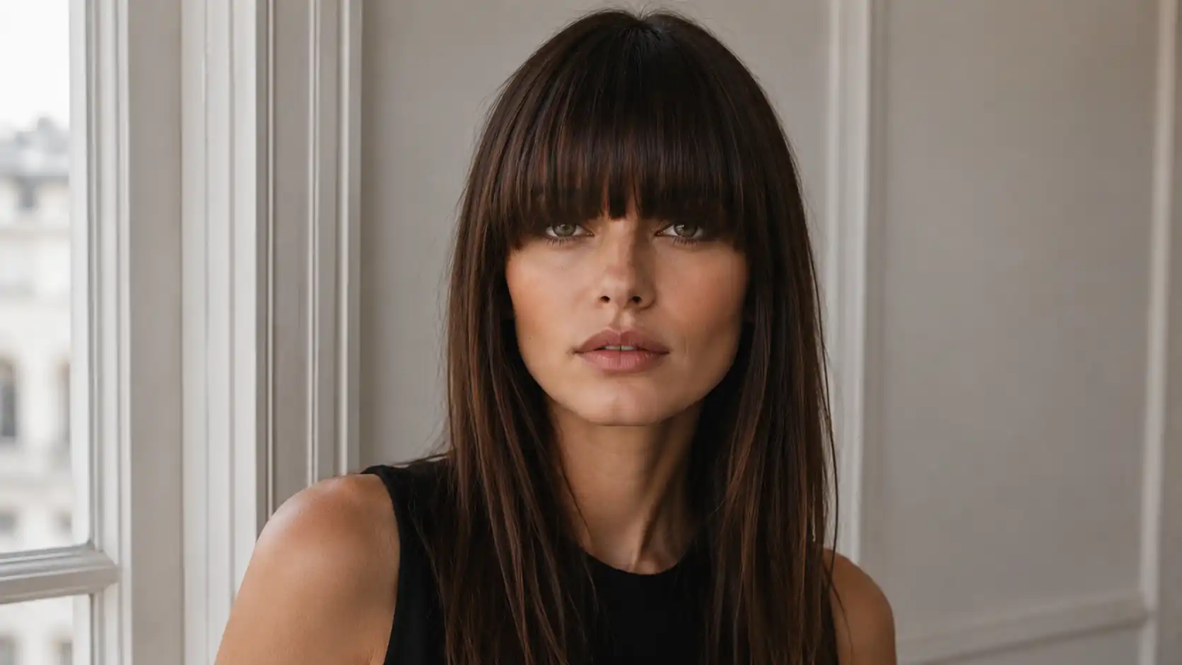 Heavy blunt fringe cut thick and flat across the brow line with straight hair framing the face