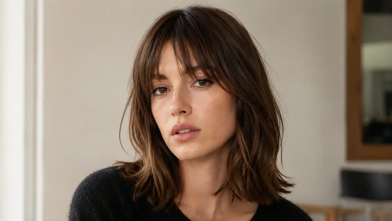 Birkin fringe with soft brow grazing bangs lightly parted at the center and shoulder length textured brunette hair