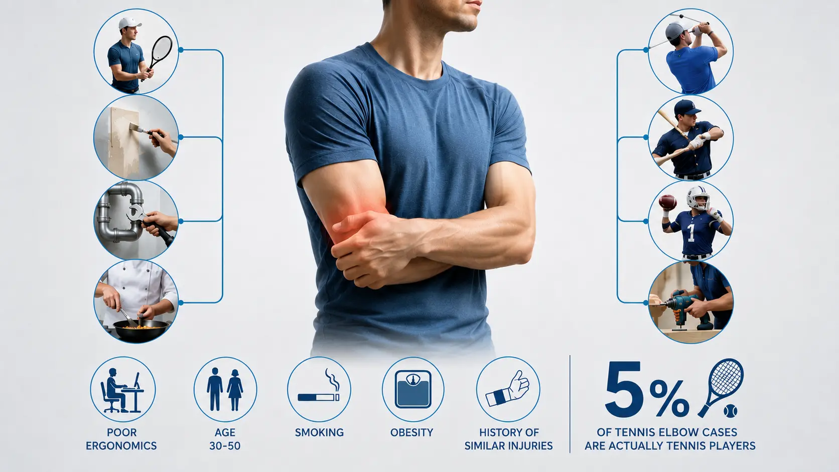 Man with elbow pain surrounded by repetitive work and sports activities.