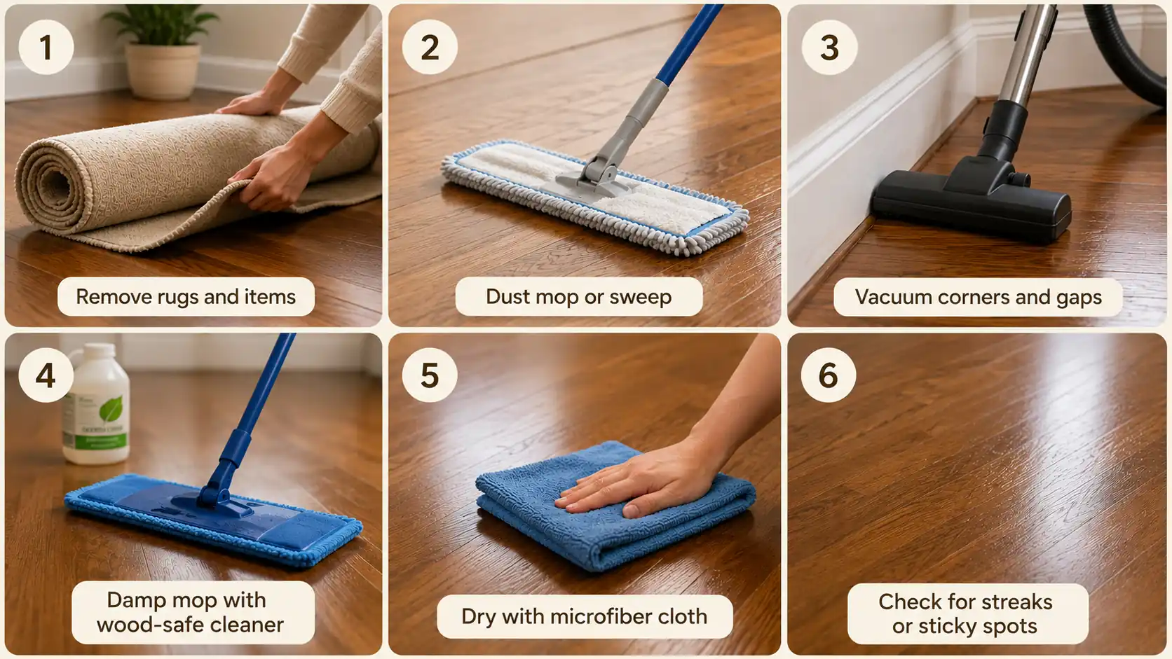 Six-step hardwood floor cleaning process showing rug removal, sweeping, vacuuming, mopping, drying, and inspection.