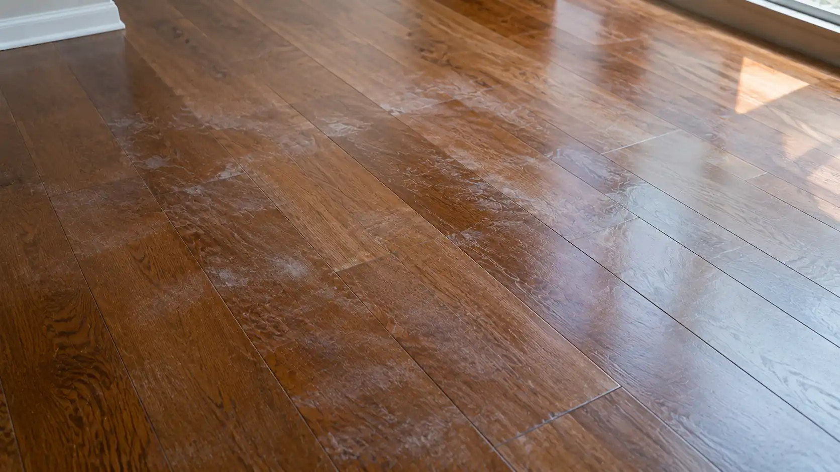 Hardwood floor with visible cleaning residue, streaks, and cloudy haze reflecting sunlight after mopping.