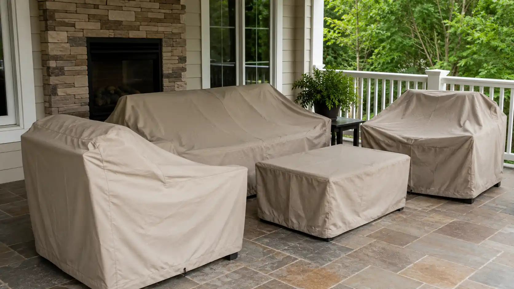 Patio furniture under protective covers, realistically arranged