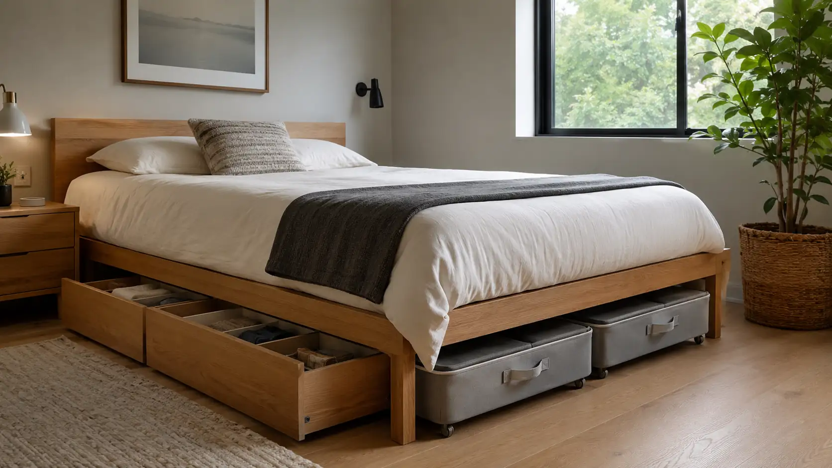 Minimalist bedroom featuring rolling under-bed storage bins and shallow drawers, maximizing space with organized practicality.