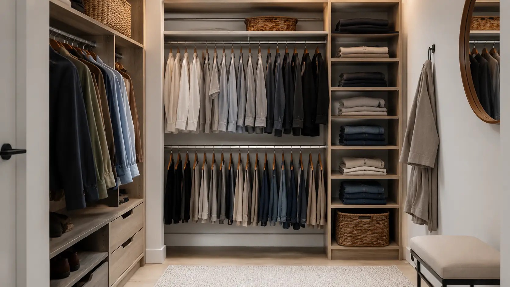 Closet interior organized by clothing type and color, realistic lighting, tidy and minimalist setup.