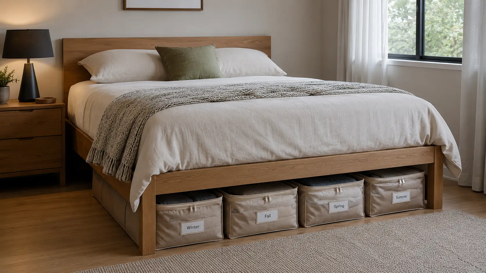 Under-bed storage with labeled seasonal clothing bags, clean and practical bedroom setup.