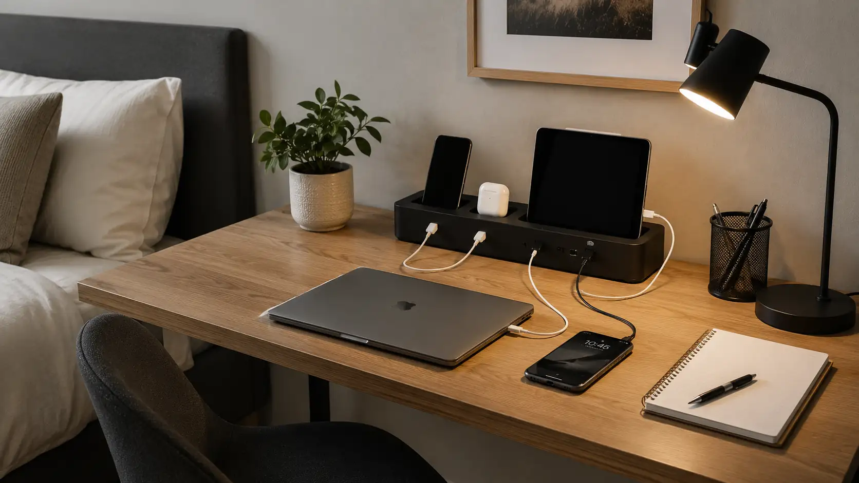 Desk with centralized charging station and neatly arranged cables, realistic bedroom setup.