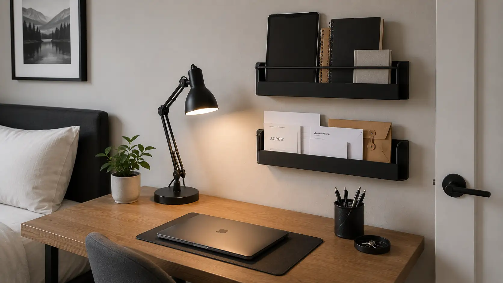 Wall-mounted magazine racks holding tablets, mail, and notebooks, tidy, minimalist desk area.