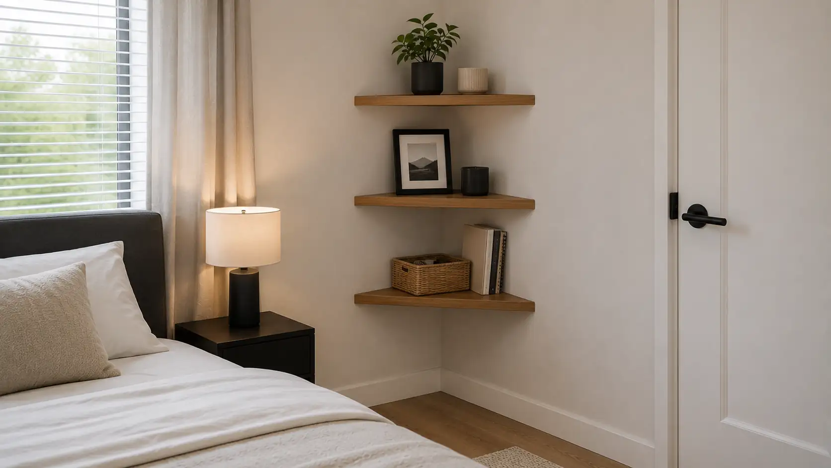 Small bedroom corner with floating corner shelves neatly holding decorative items, uncluttered, neutral tones, realistic and tidy.