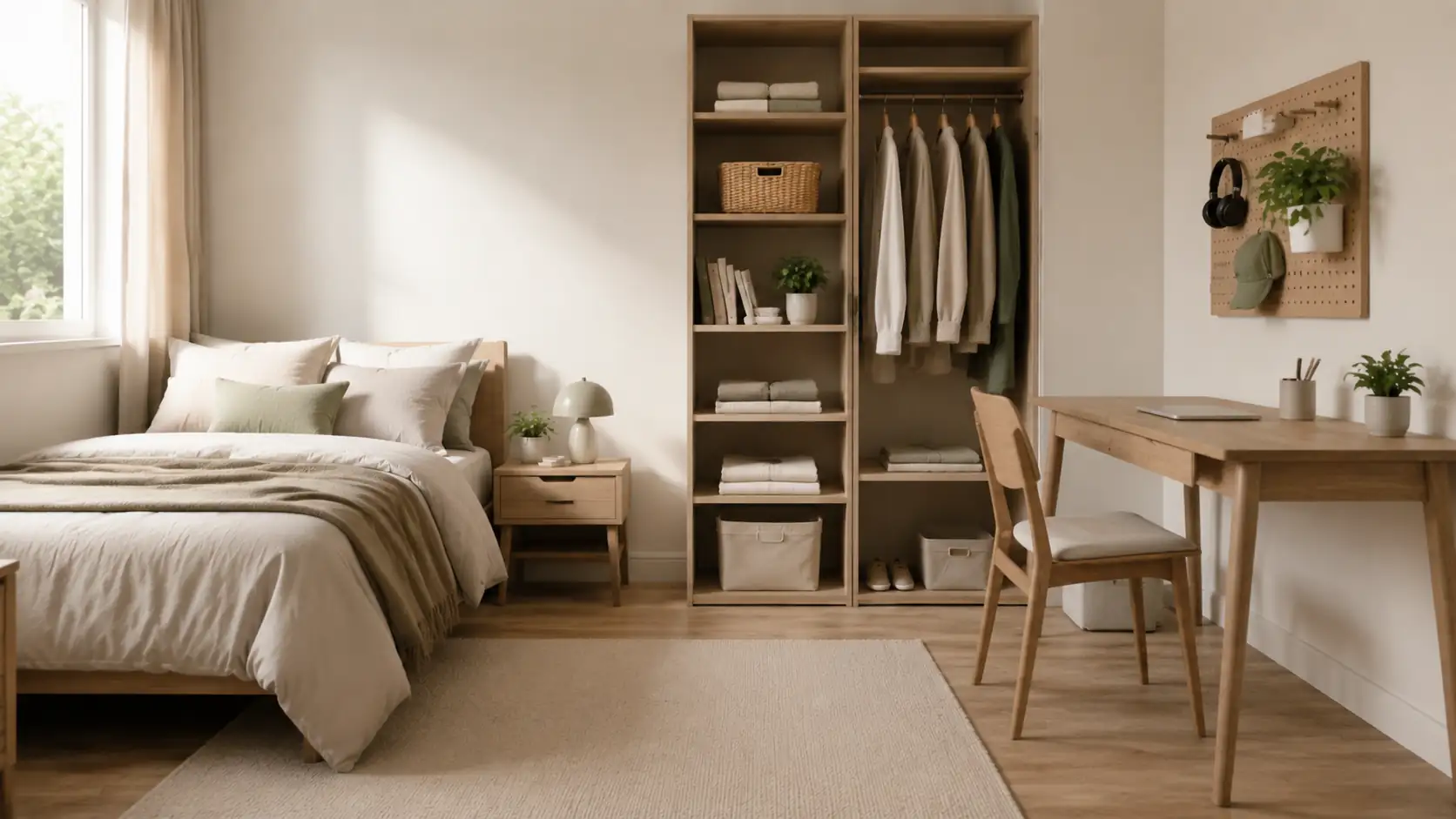 Minimalist bedroom with everything in its place, clear surfaces, soft natural light, realistic and clutter-free environment.