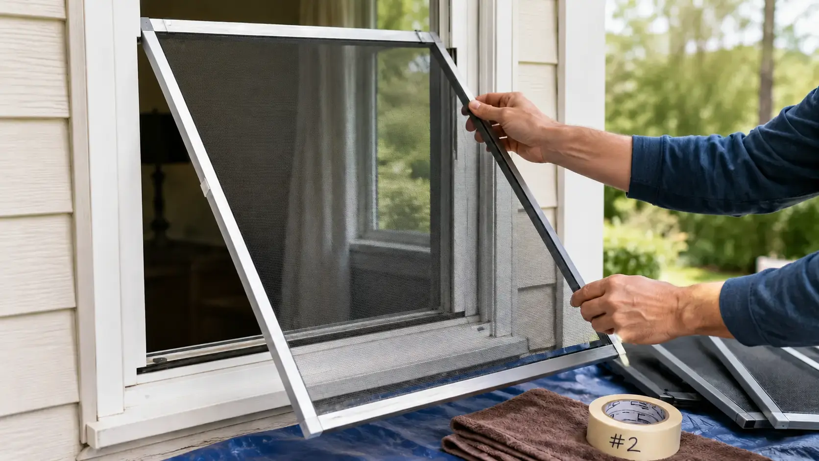 Removing the window screen from the frame before cleaning the window