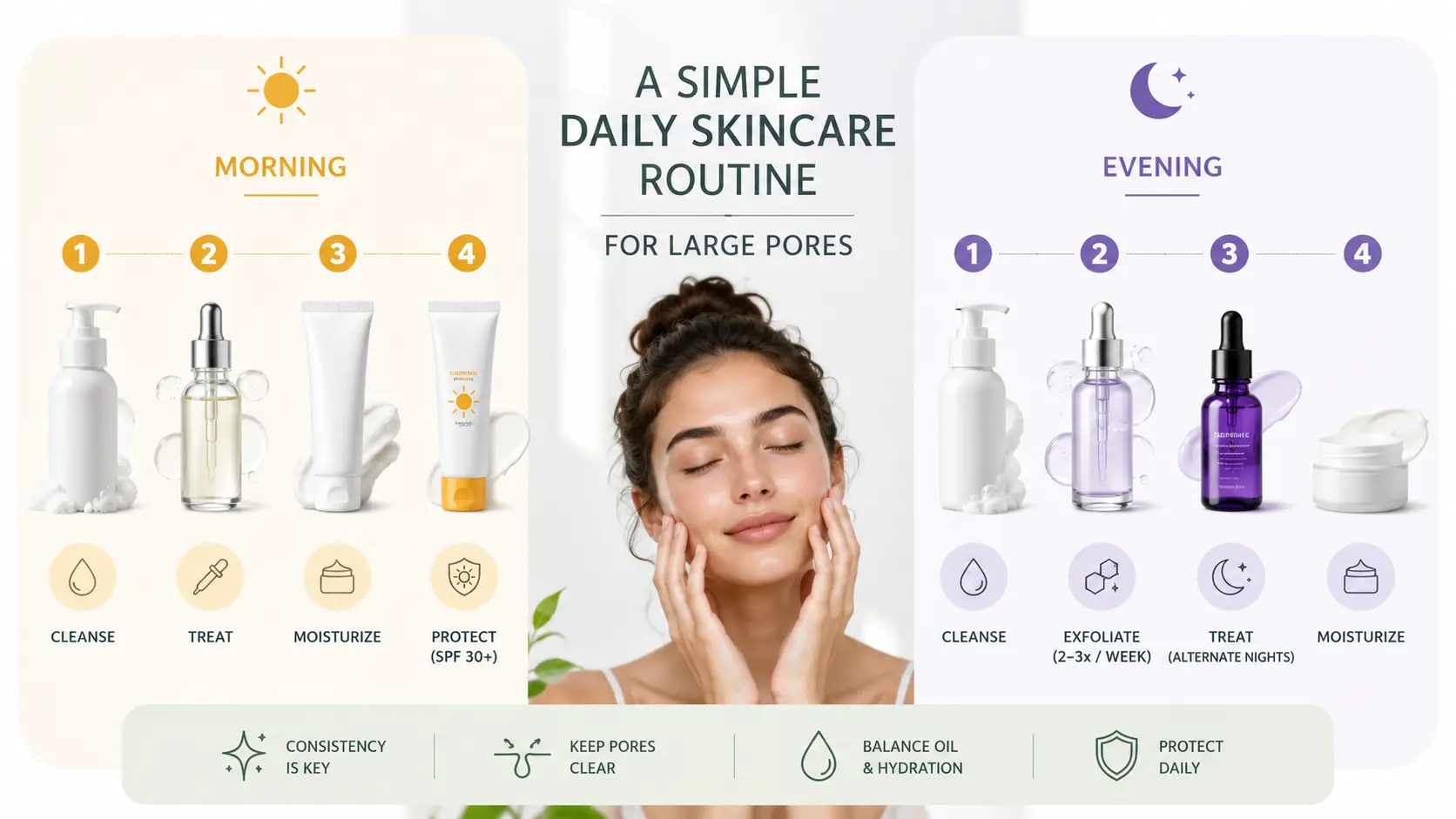 Minimal infographic showing a morning and evening skincare routine for large pores with cleanser, niacinamide, salicylic acid, retinol, moisturizer, and SPF