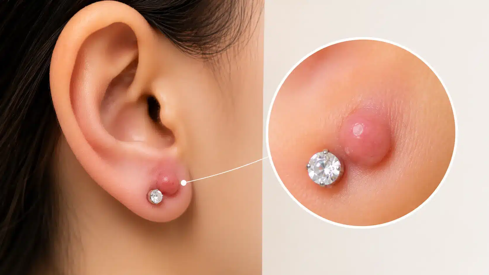 Close-up of a small pink piercing bump forming next to an earlobe stud, with a magnified view highlighting the raised irritated tissue