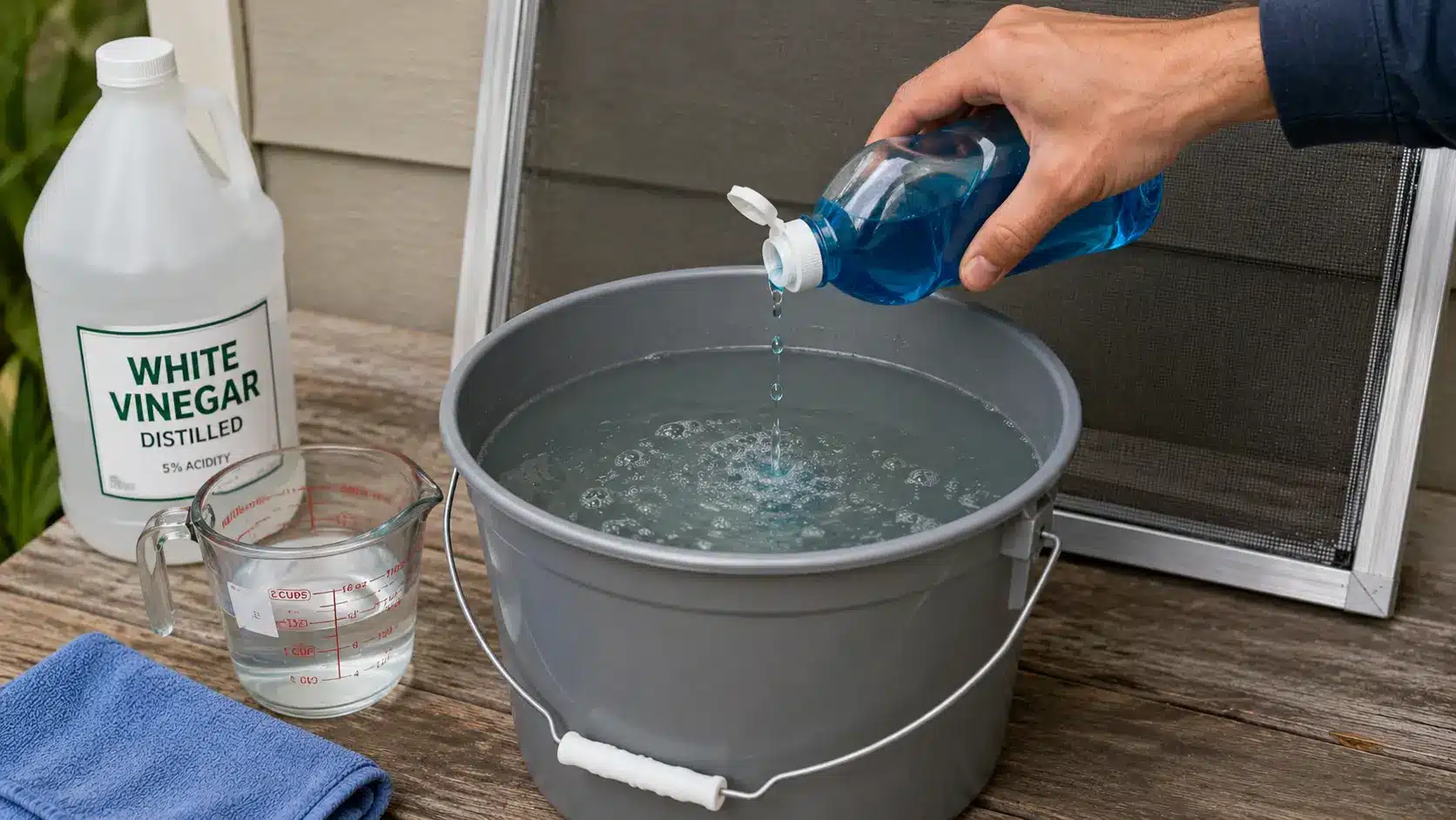 Mixing a mild cleaning solution with water and vinegar to wash the window screen