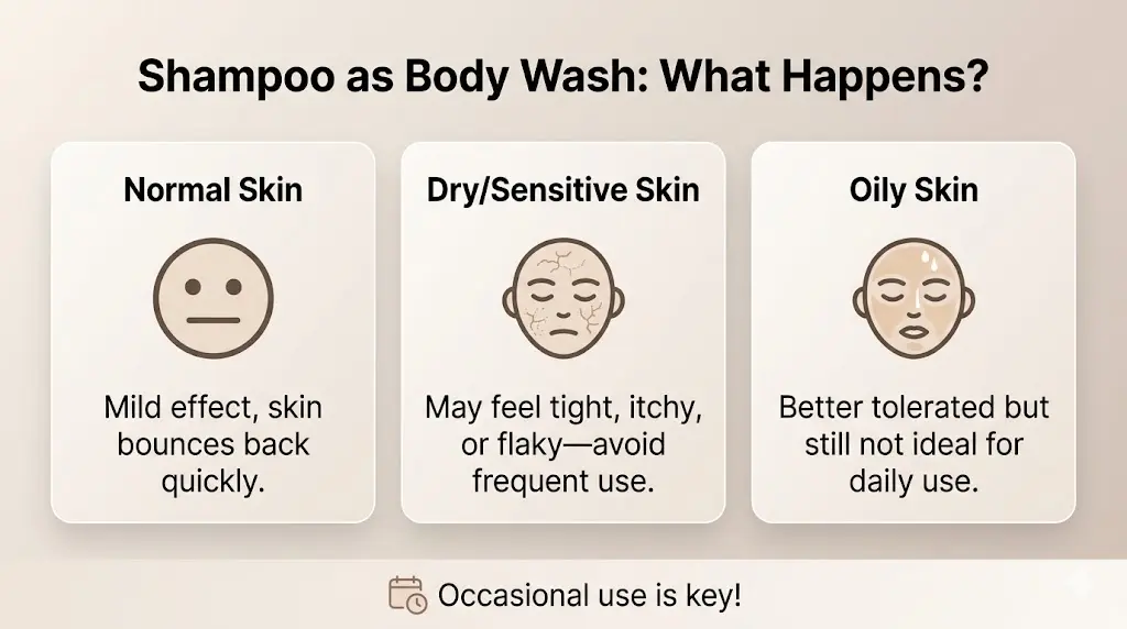Infographic showing the effects of using shampoo as body wash for normal, dry/sensitive, and oily skin