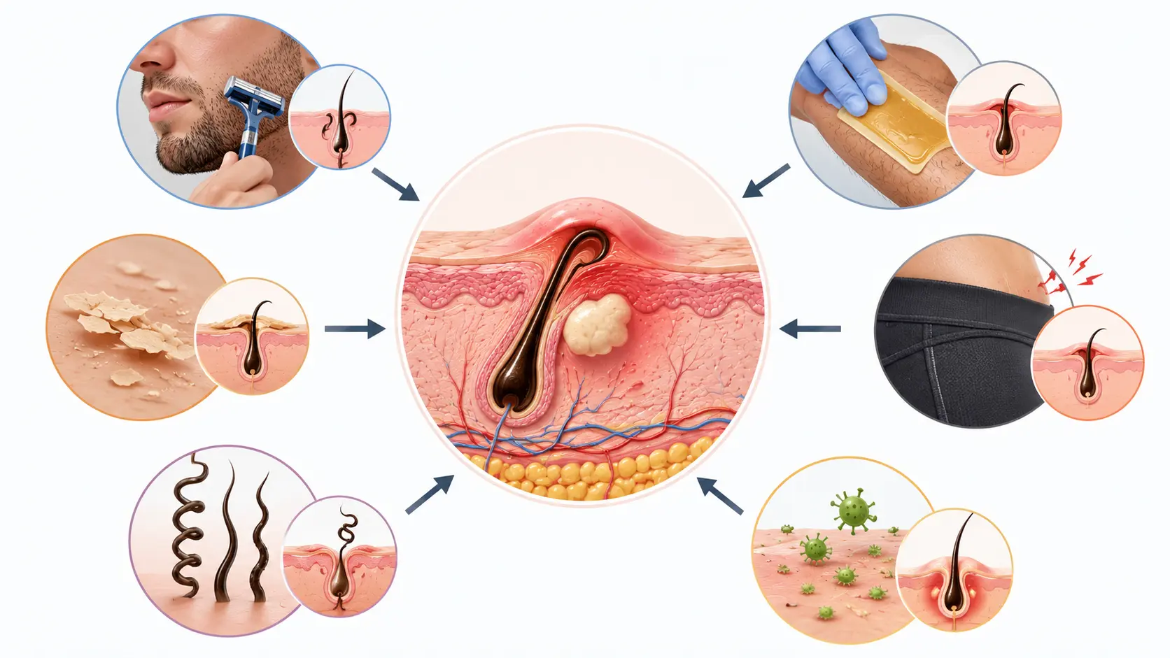 Infographic showing common causes of an ingrown hair cyst, including shaving, waxing, dead skin buildup, tight clothing, curly hair, and skin irritation