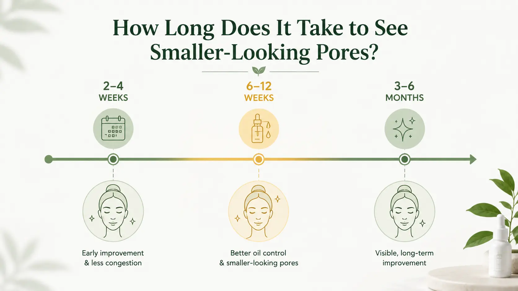 Minimal timeline infographic showing expected pore improvement results at 2–4 weeks, 6–12 weeks, and 3–6 months with consistent skincare use
