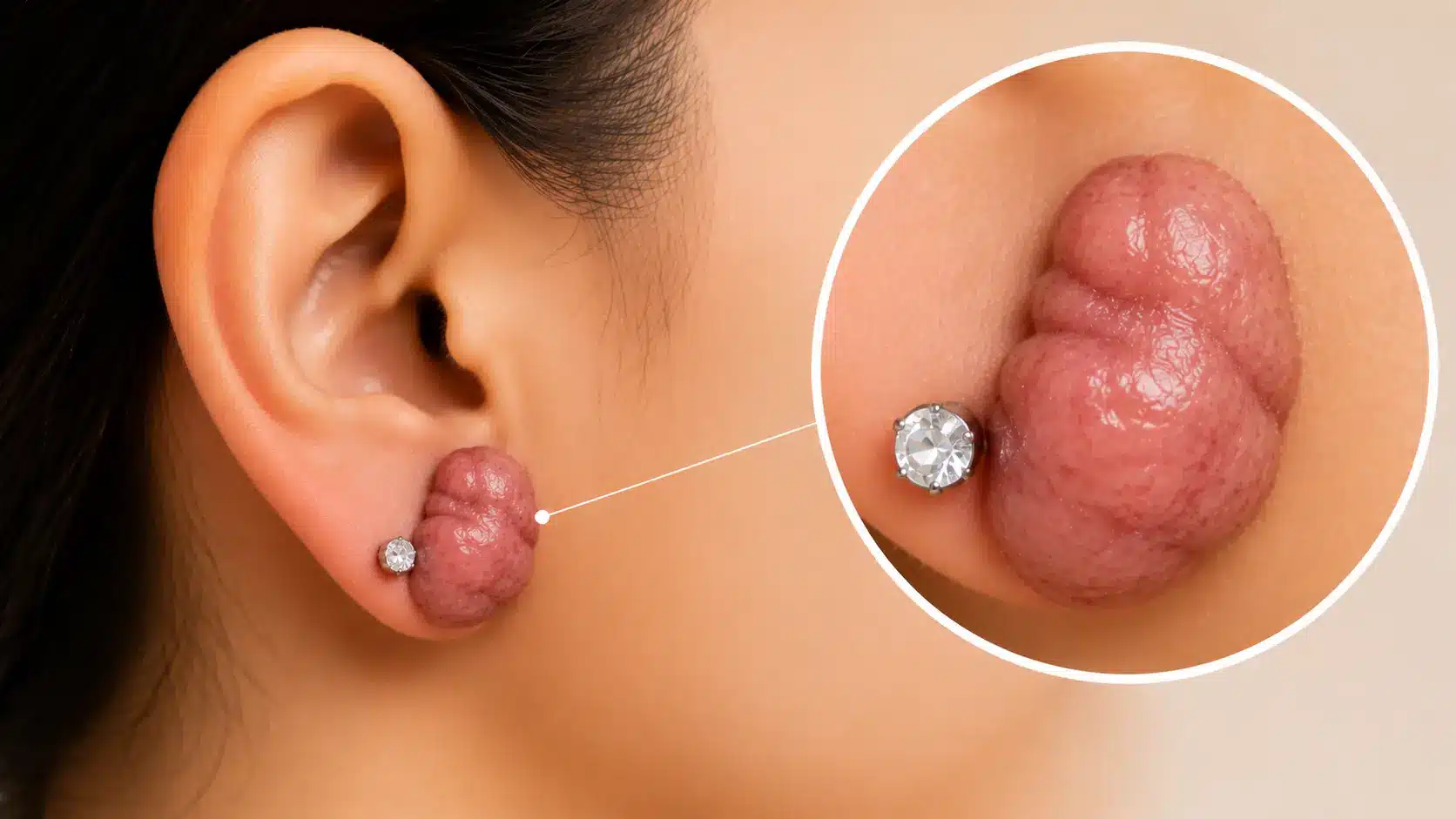 Close-up of an earlobe keloid surrounding a piercing, with a magnified view showing the raised scar tissue extending