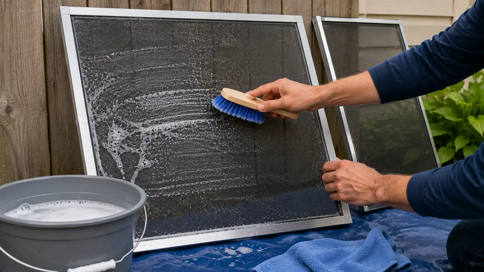 Scrubbing the window screen with a soft brush and cleaning solution to remove built-up dirt and grime