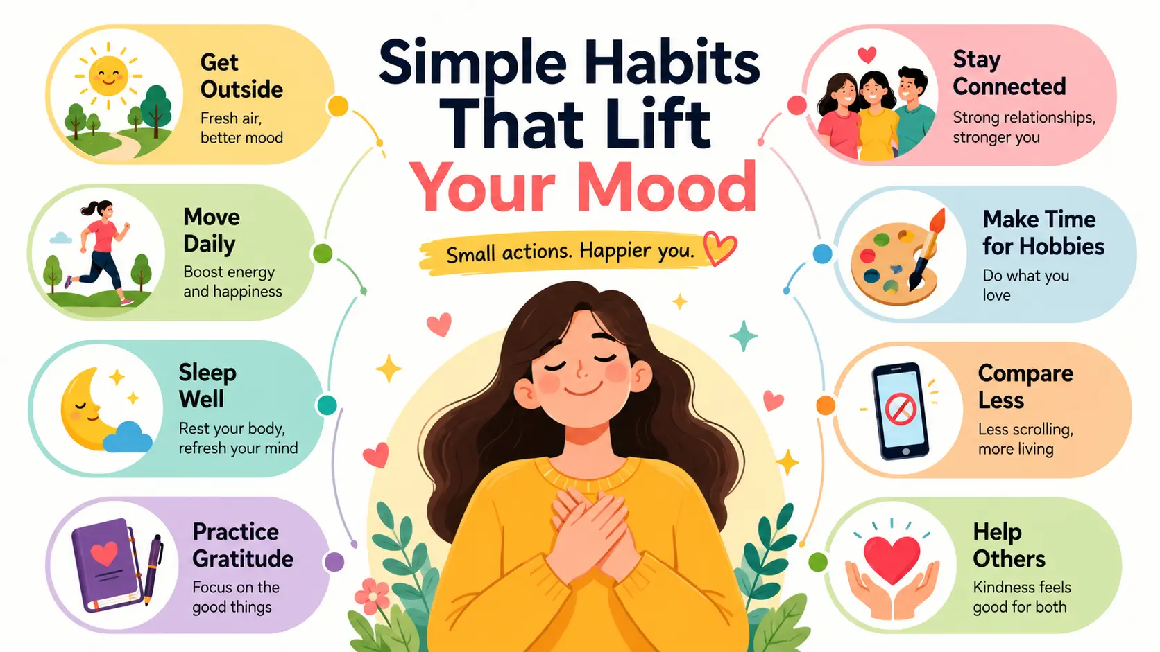 Colorful infographic showing simple habits that support happiness, including exercise, sleep, gratitude, social connection, hobbies, and helping others