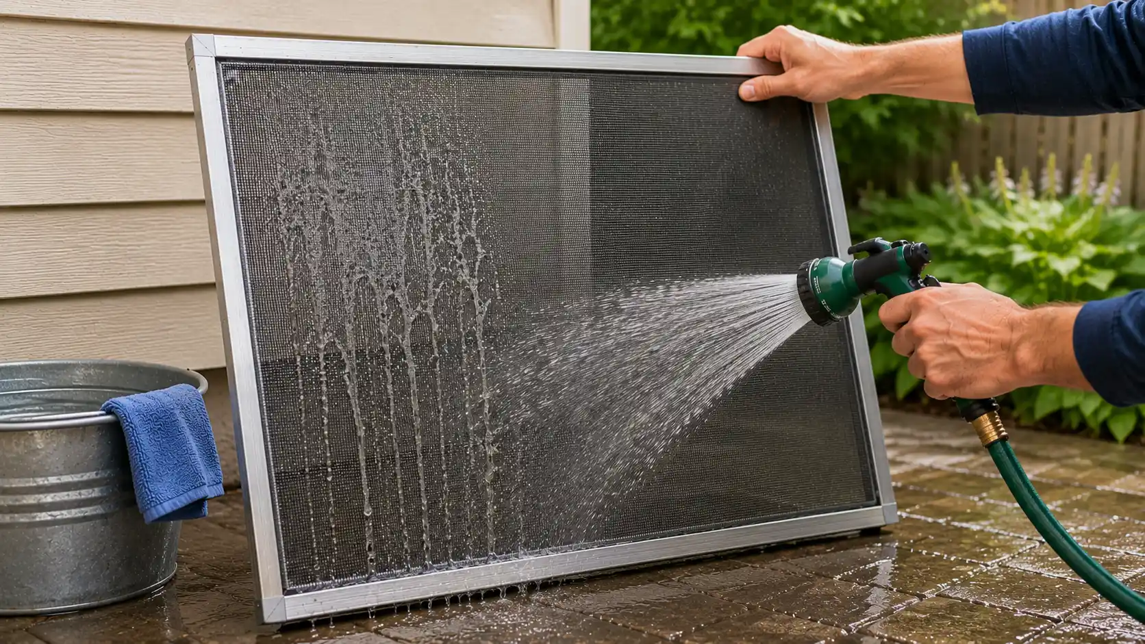 Rinsing the window screen thoroughly with clean water to wash away soap and loosened dirt
