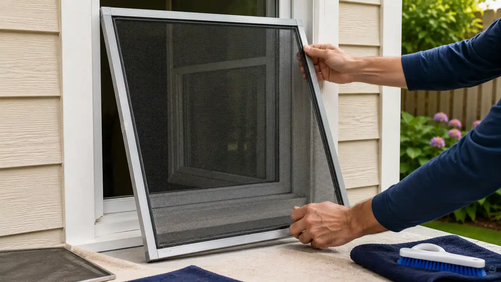 Reinstalling the clean, dry window screen back into the window frame