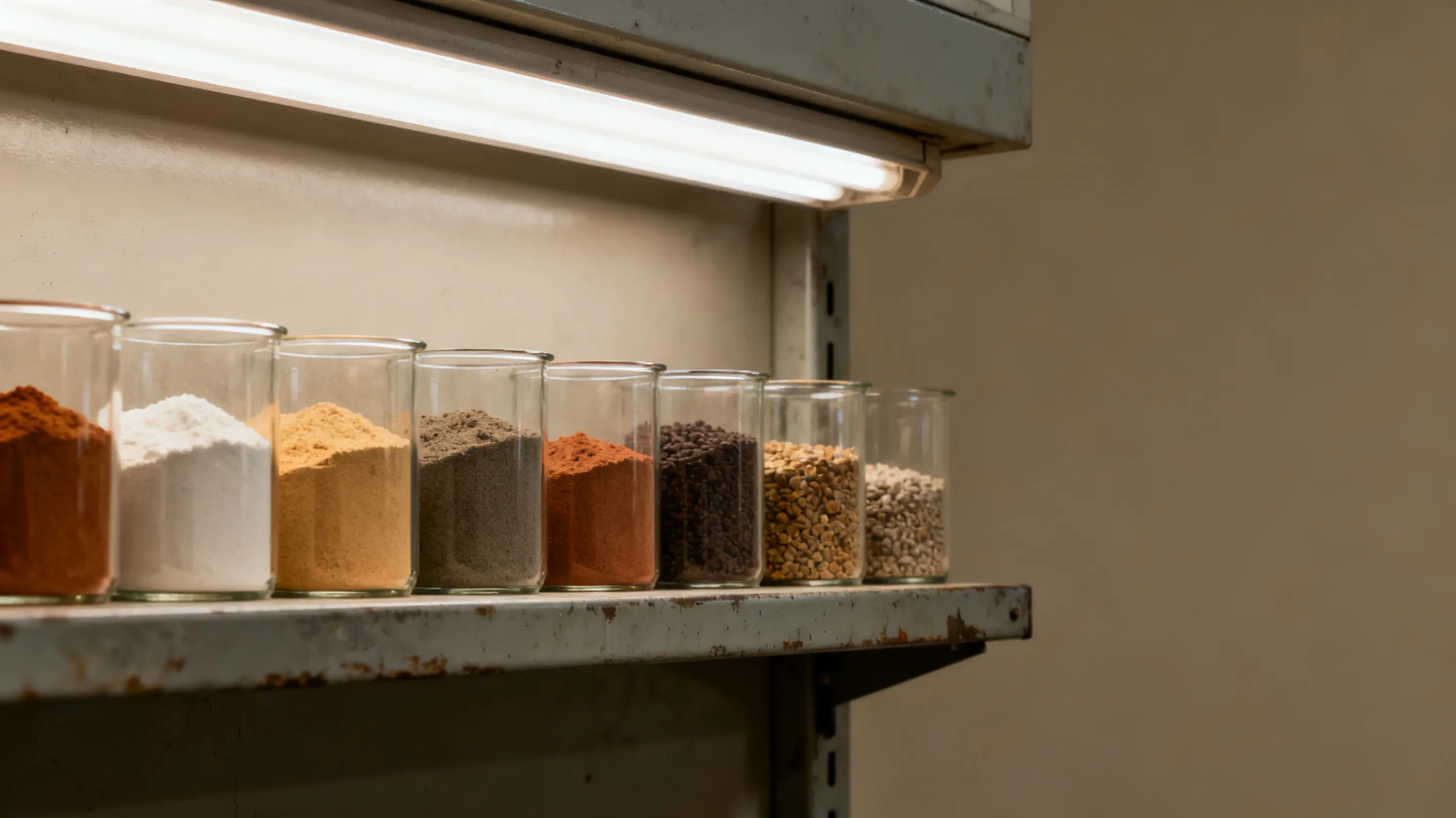 Glass jars filled with various spices on a metal shelf under fluorescent light