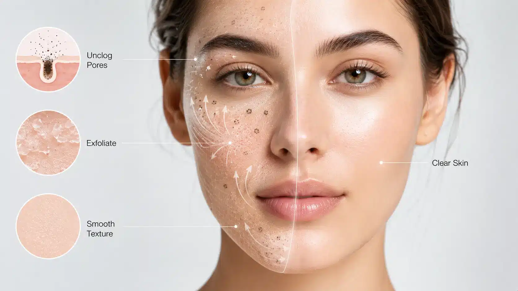 Infographic of a clear realistic face showing salicylic acid benefits