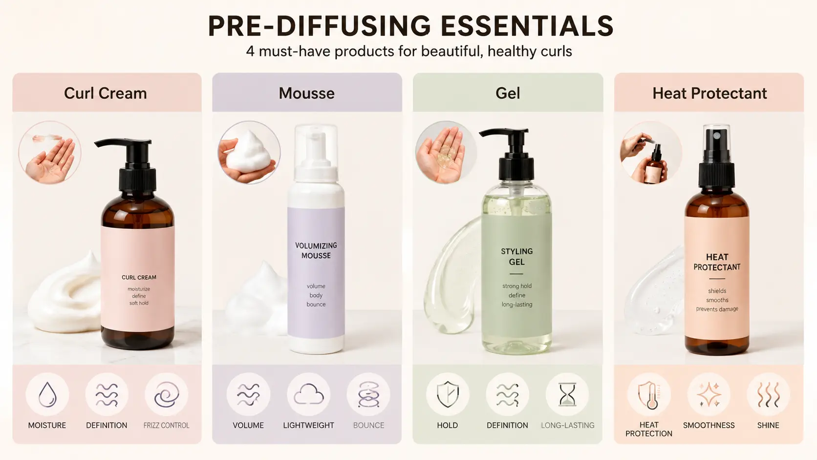 Infographic showing essential products to use before diffusing hair