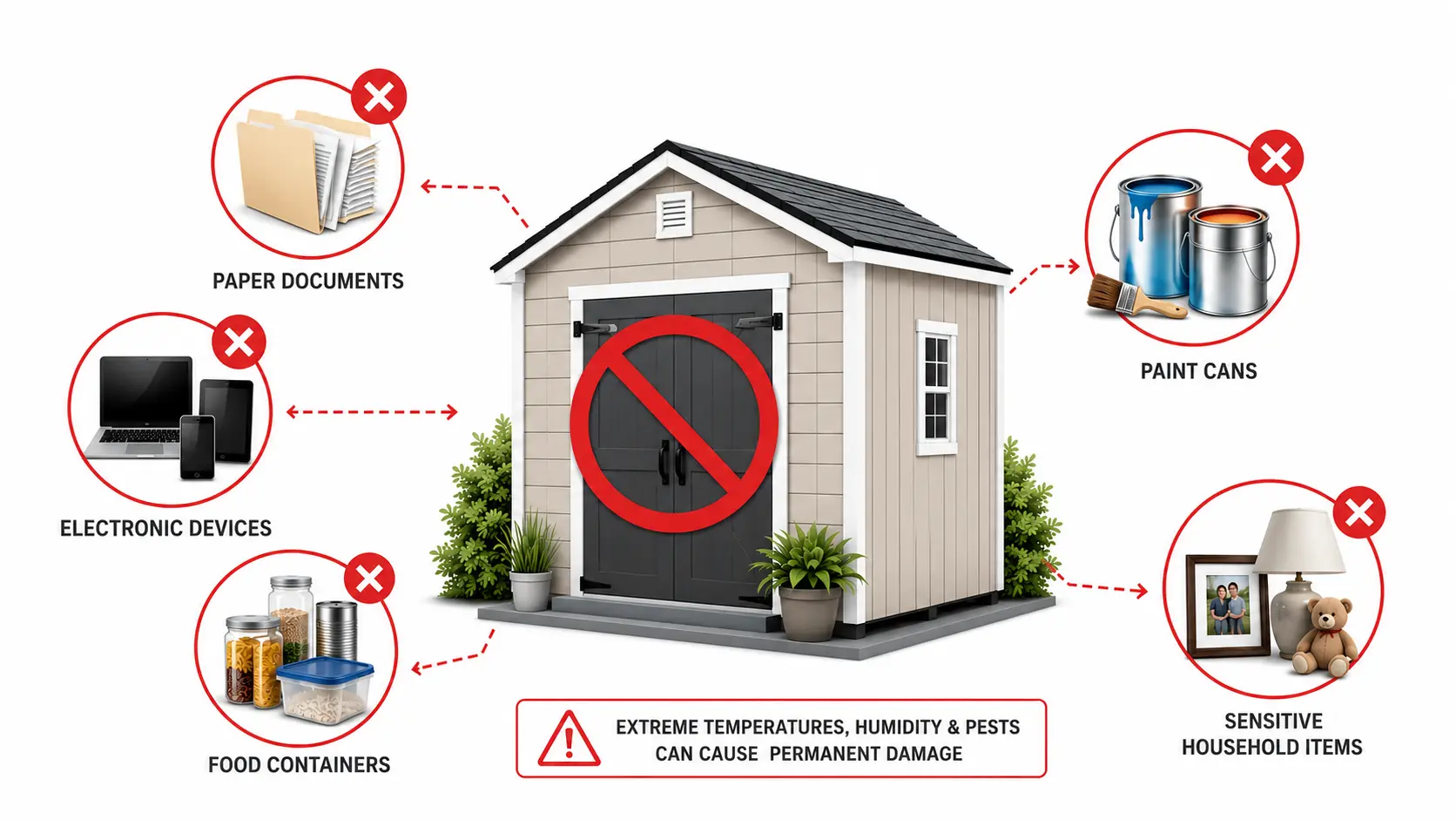 Infographic showing items that should not be stored in a shed