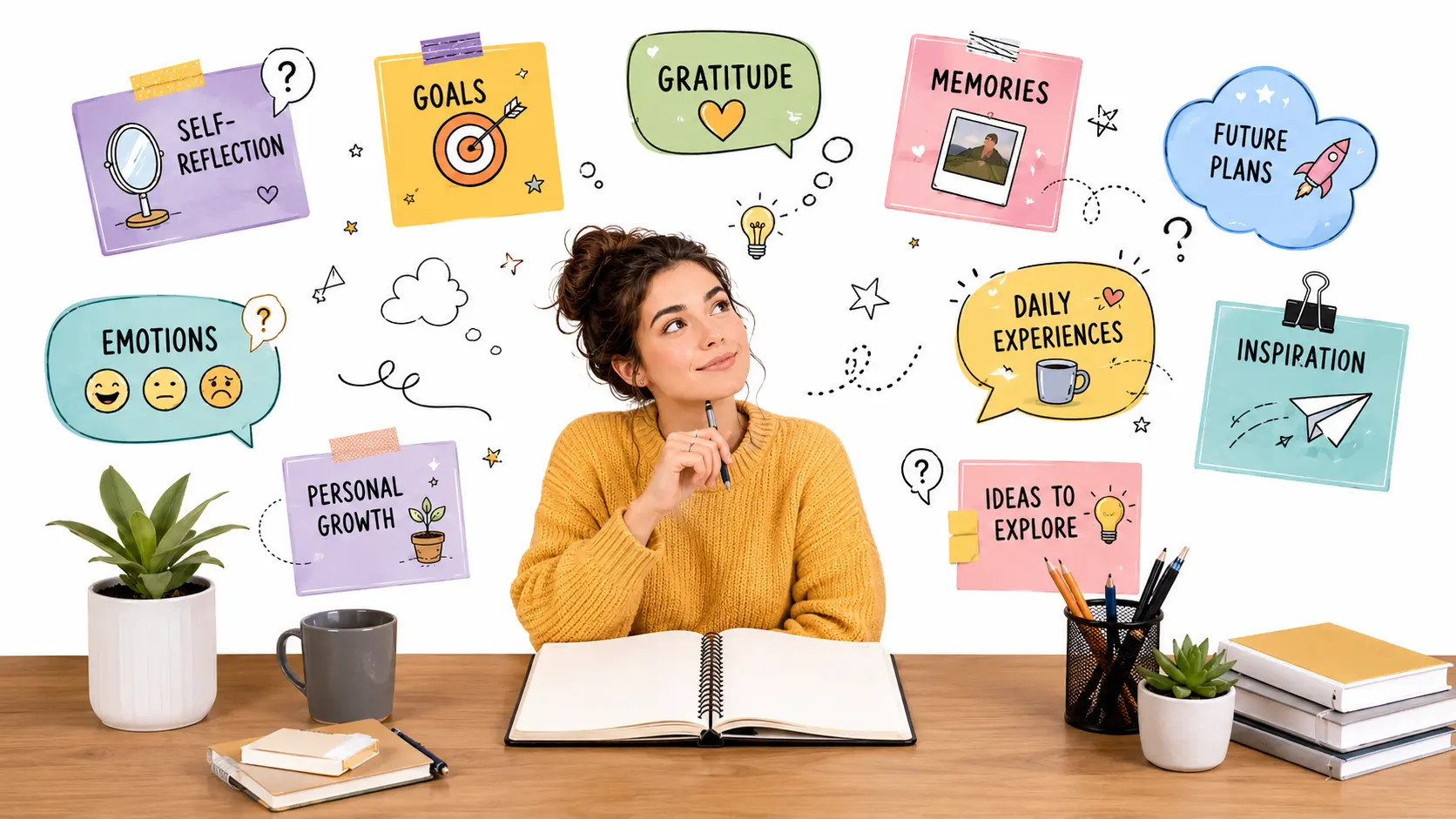 Infographic showing journal prompt ideas inspiring a person to start writing