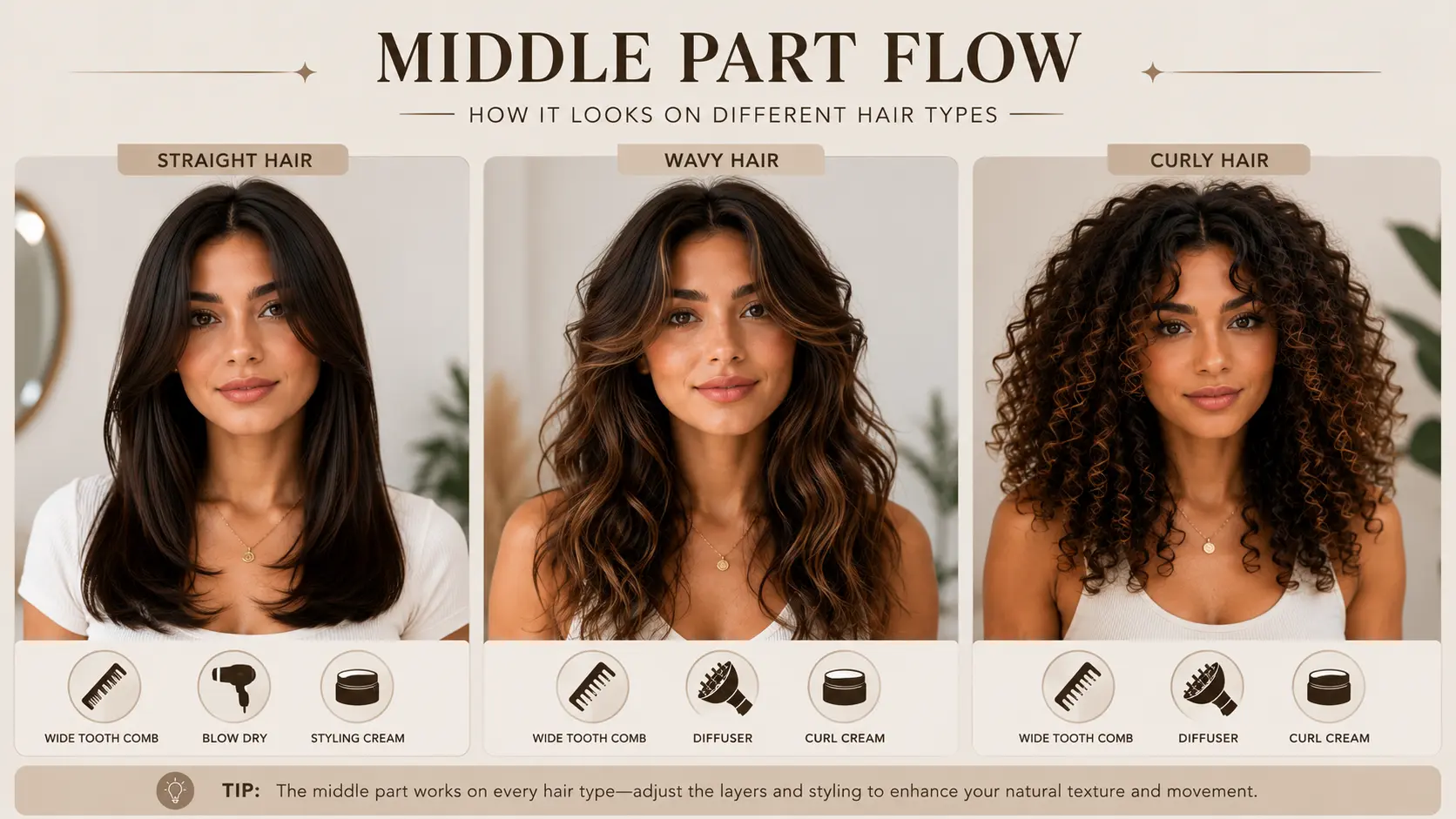 Infographic showing middle-part flow hairstyles on straight, wavy, and curly hair types