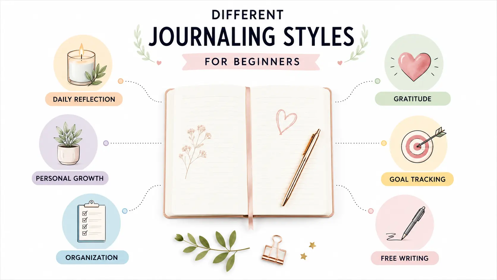 Infographic showing popular journaling styles with simple icons around an open notebook