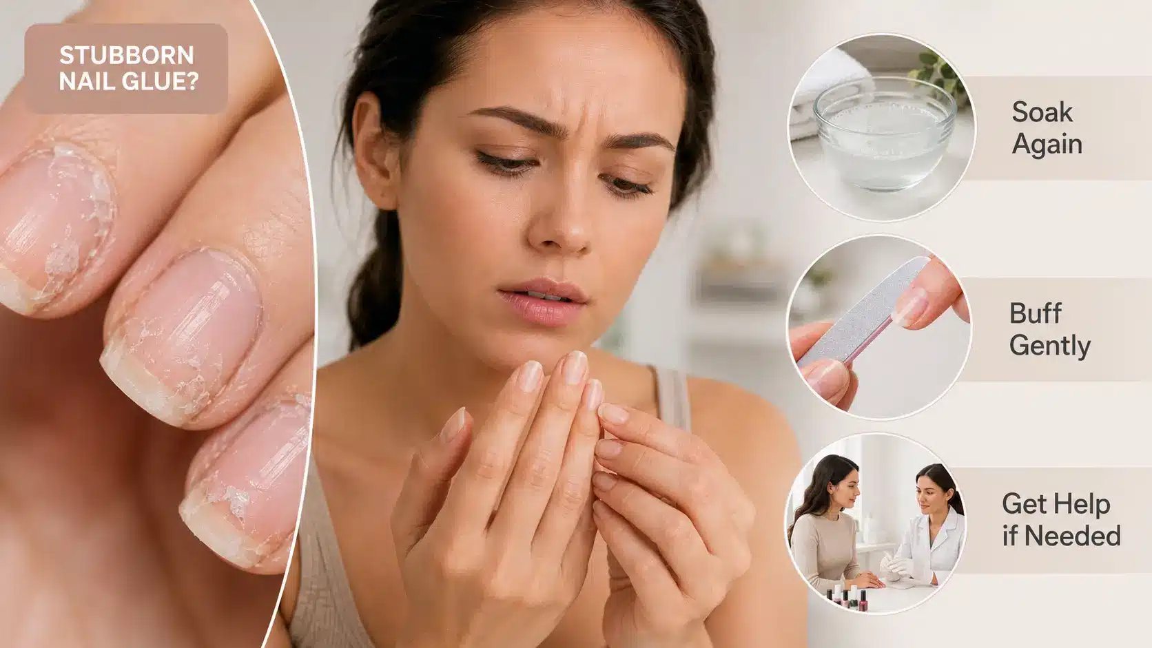 Infographic showing safe steps for removing stubborn nail glue from nails