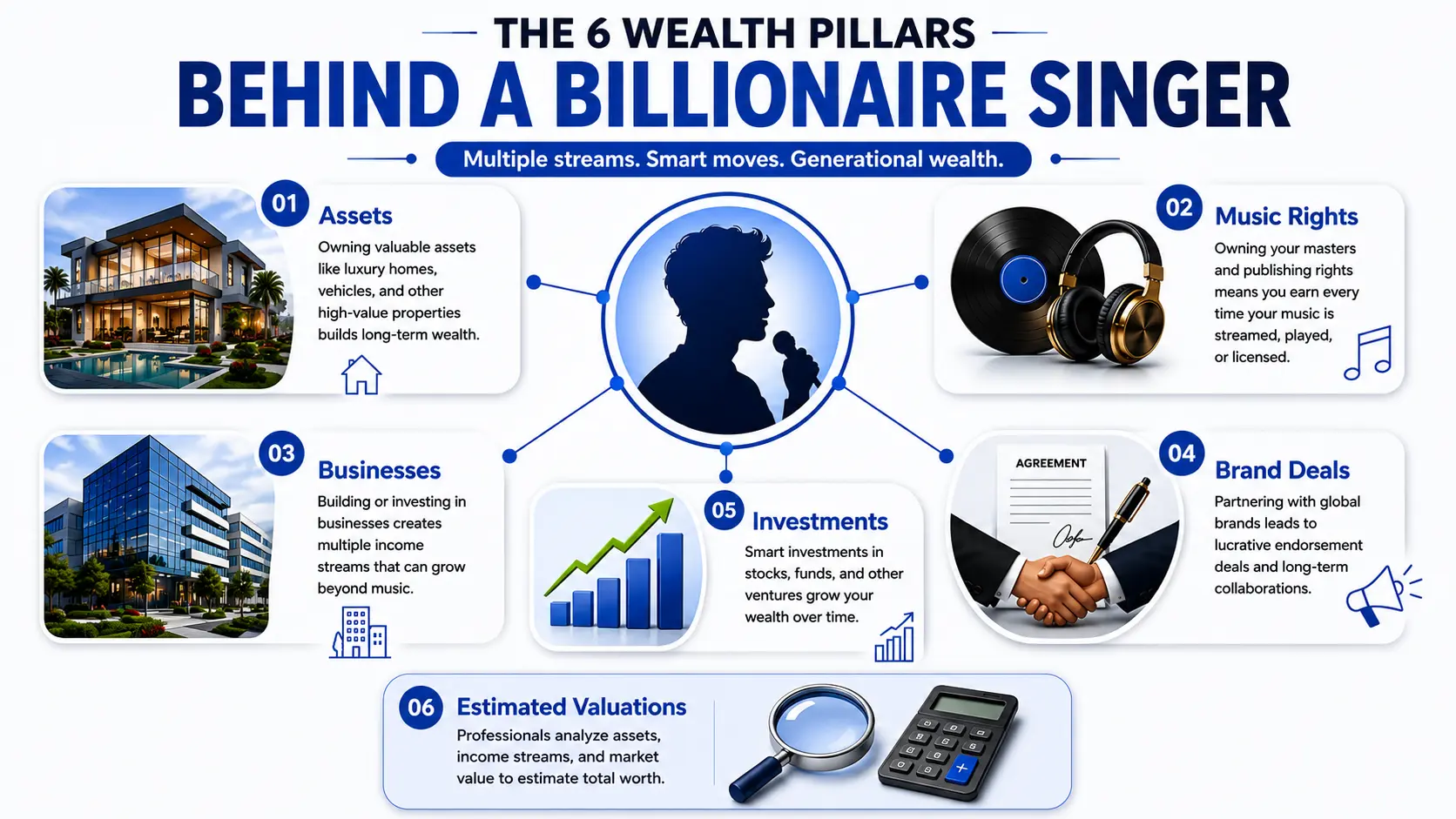 Infographic showing six major income streams that help music artists build wealth