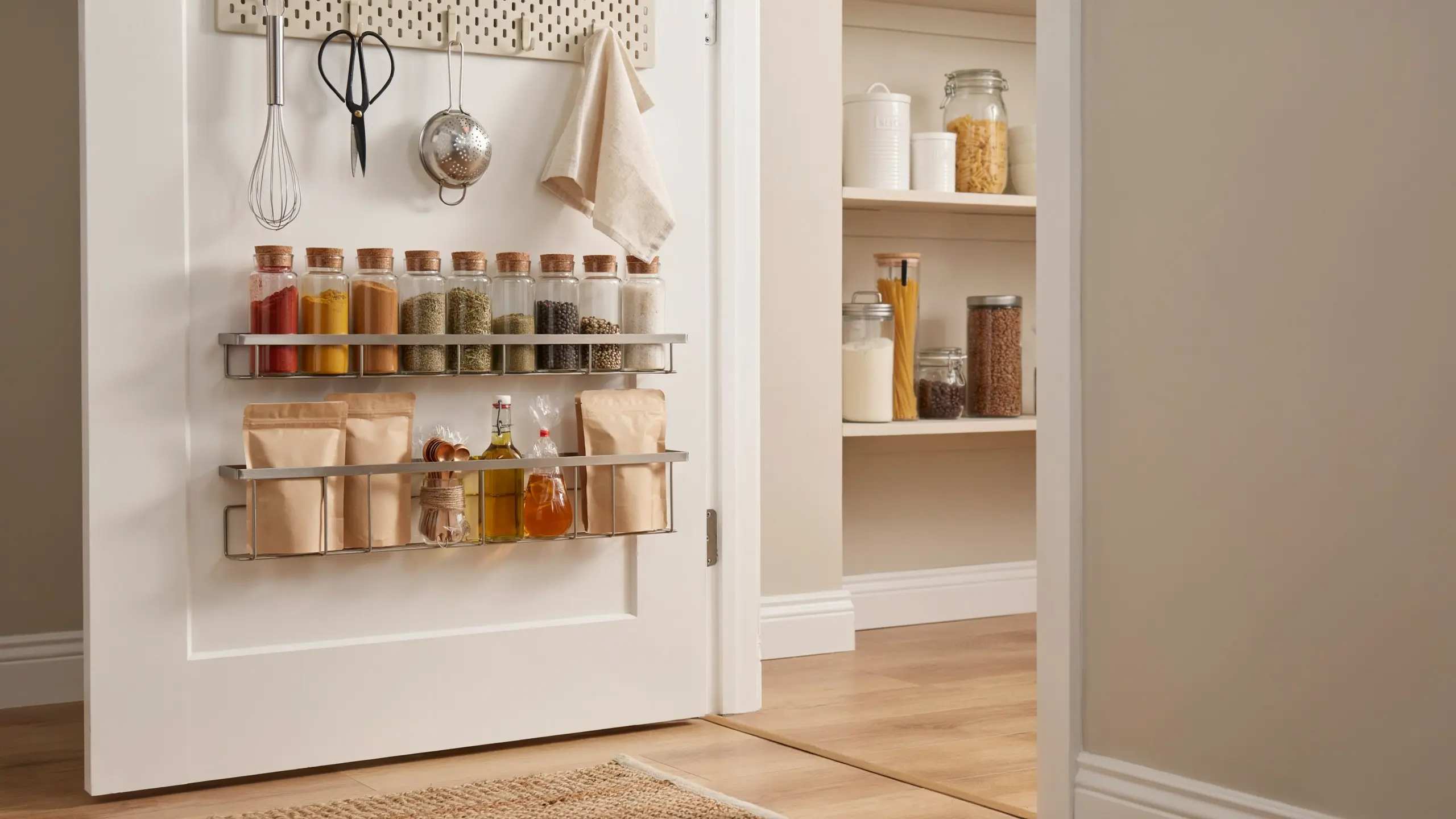 Door-mounted storage racks holding rolls, packets, and small jars.