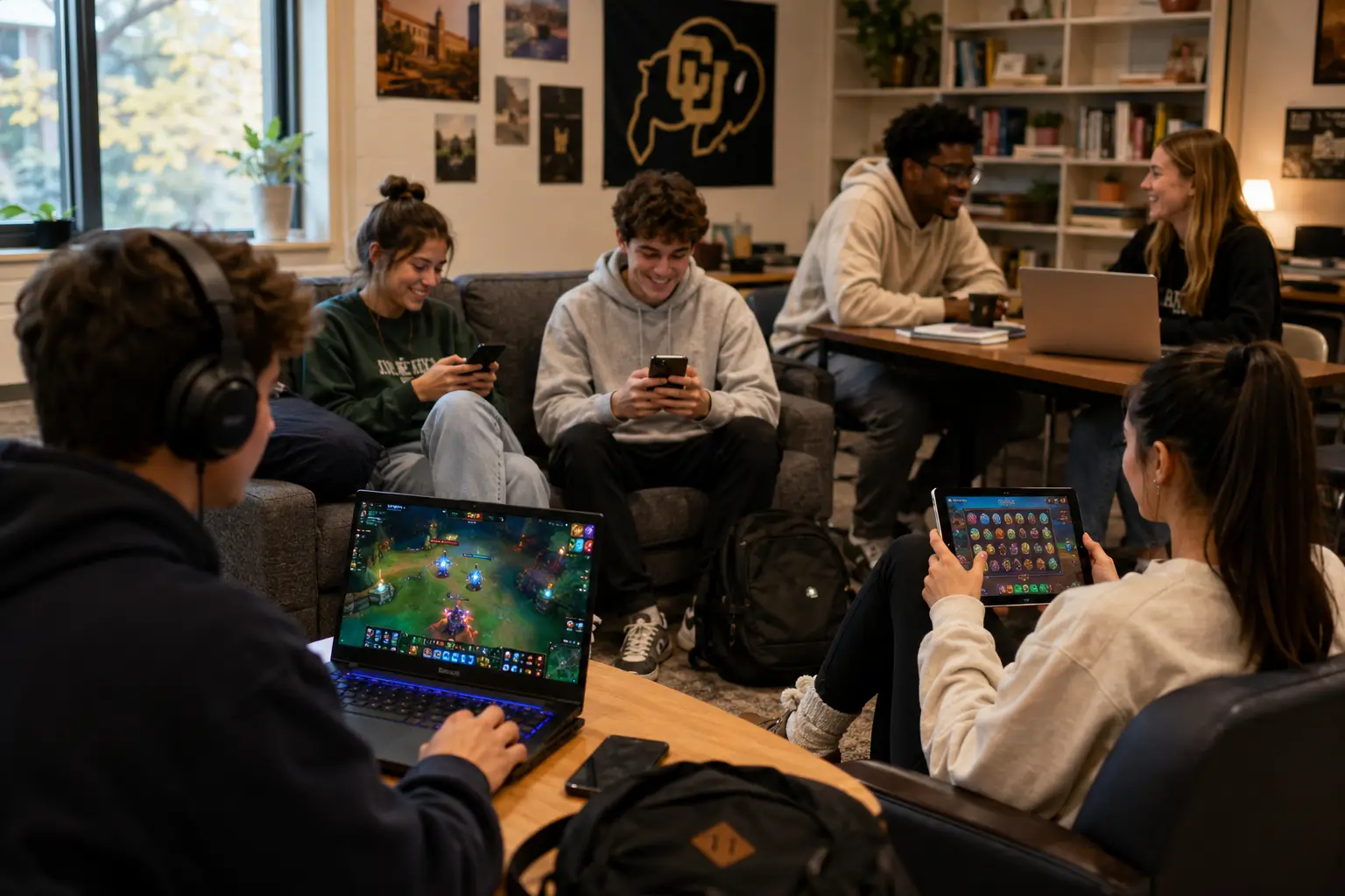 Students relaxing with laptops and mobile devices in cozy university lounge setting