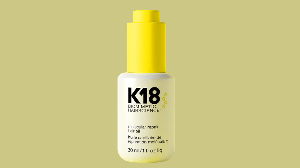 K18 Molecular Repair Hair Oil (HeatBounce) bottle on plain background