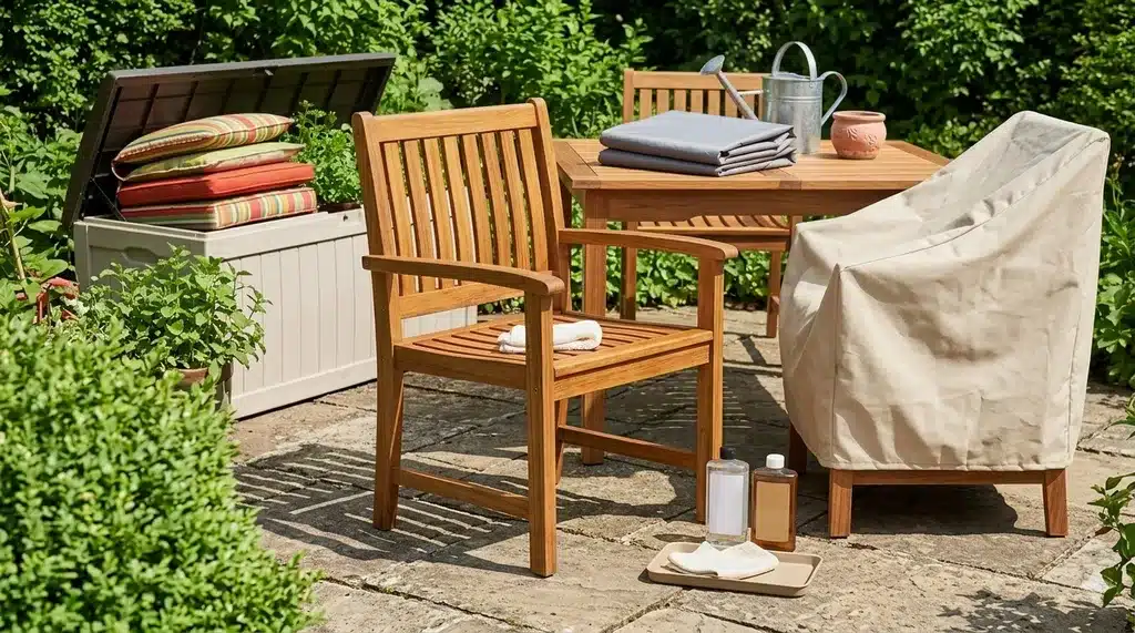 Wooden patio furniture on a stone patio with a protective cover, cushions, and cleaning sealers.