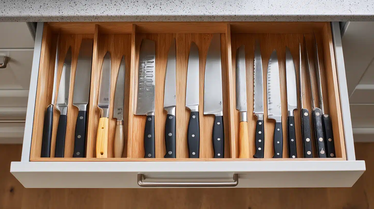 Drawer with chef knives at the front, other specialty knives placed toward the back for easy reach