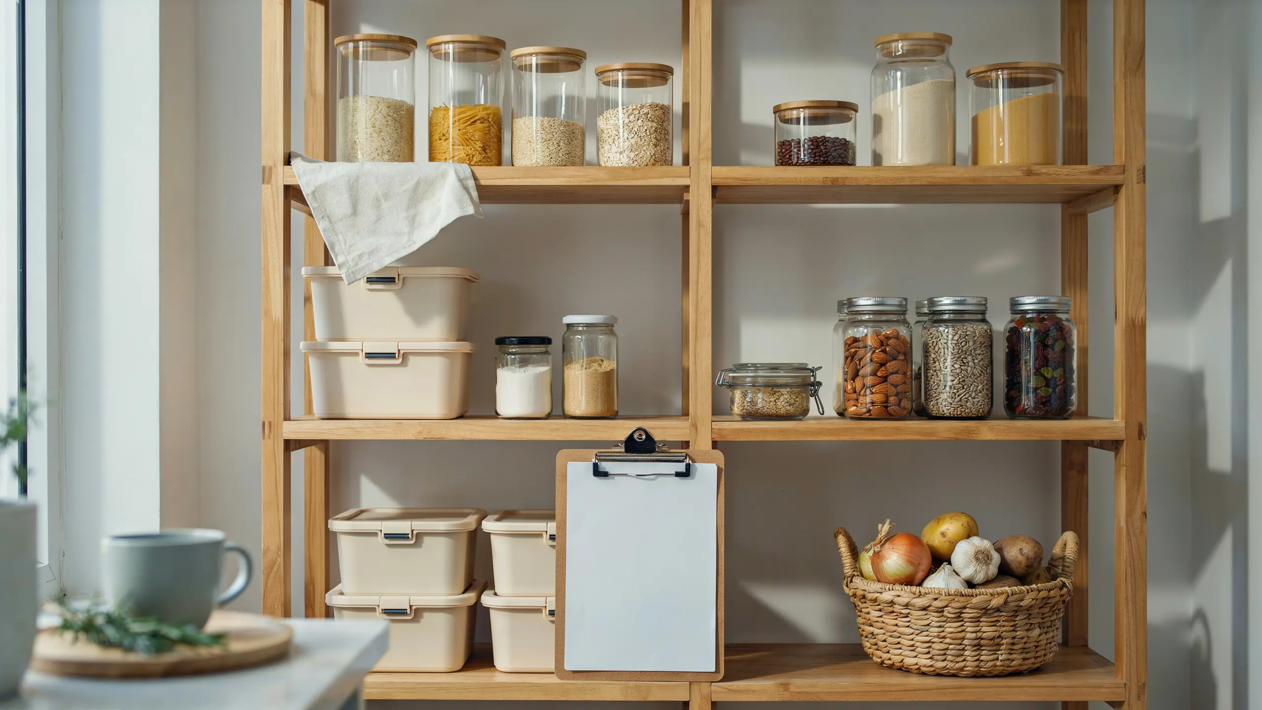 Pantry inventory list on clipboard next to organized bins and jars.
