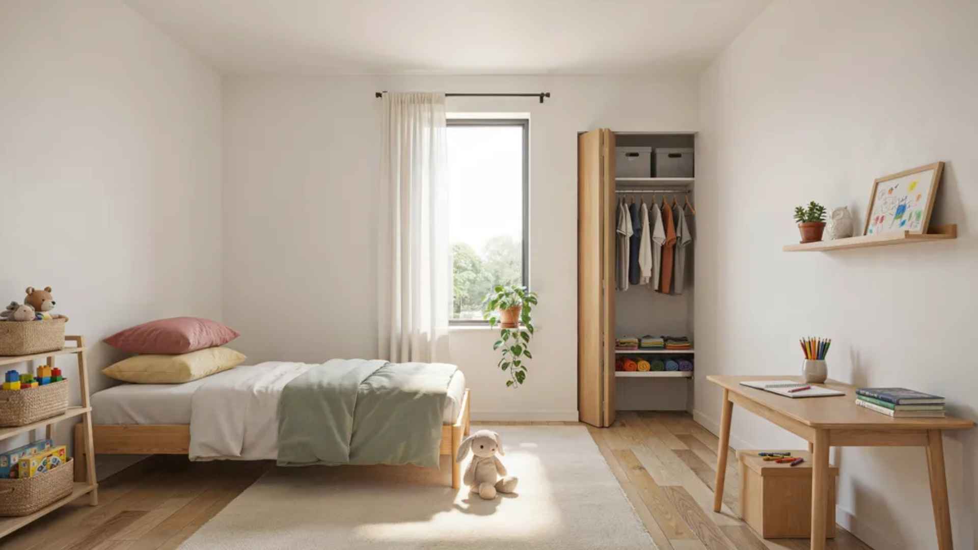 Minimalist kids’ room tidy with organized toys, clothes, school supplies, and study area, bright and cheerful.
