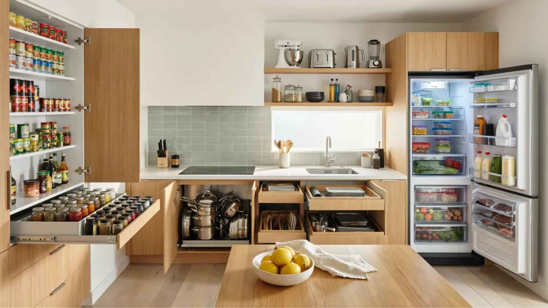 Minimalist kitchen tidy with organized pantry, cabinets, drawers, fridge, and freezer, bright and functional.